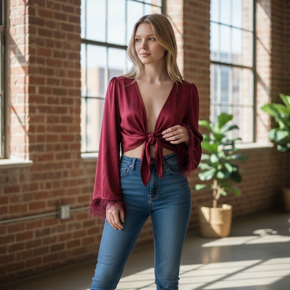 WAYF Red‎ Crop Top Tie Front Feather Cuff Long Sleeve Blouse XS